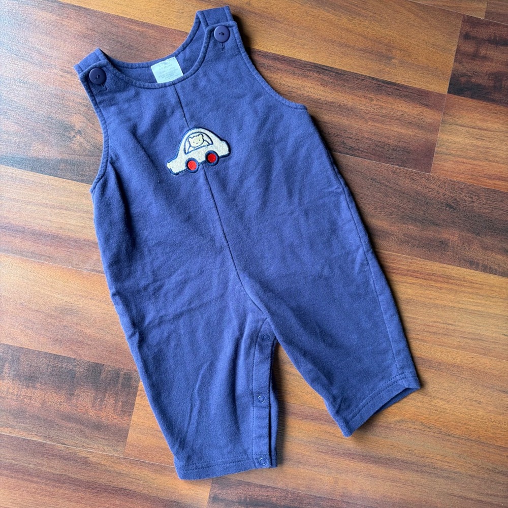 Navy Blue Knit Baby Overalls Car Teddy Bear Graphic Romper 6-9 Months